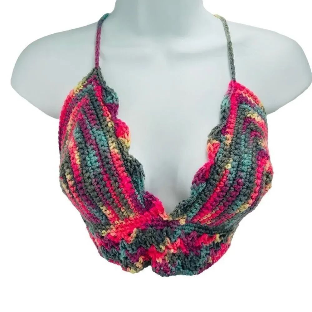 Handmade Napper brand crop top halter adjustable crochet medium NEW pink gray ma